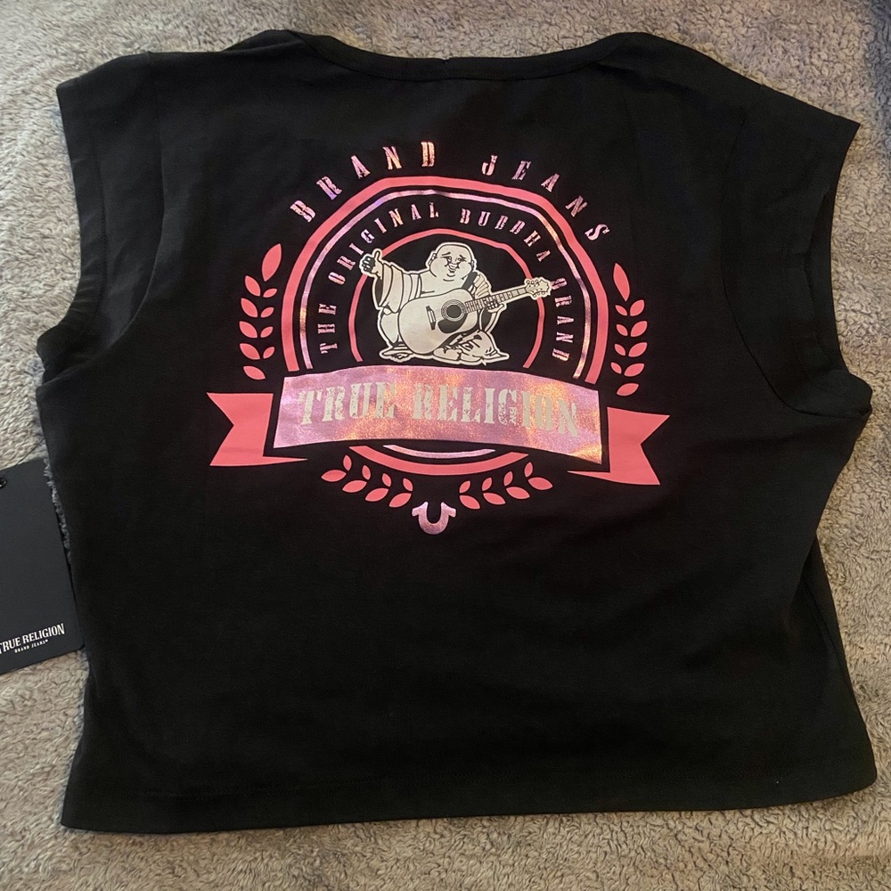 True Religion Black Graphic Logo Tank - Pink Accent